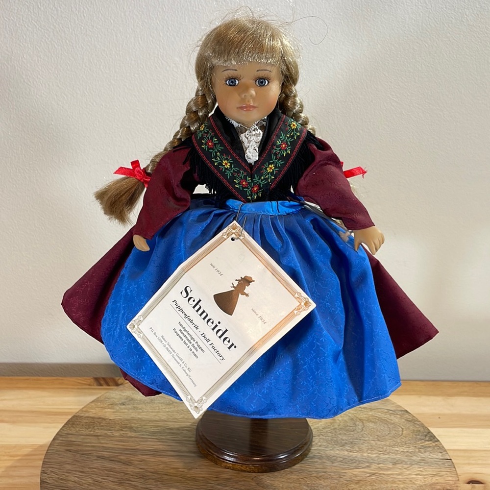 Schneider Blonde Doll in Blue Skirt & Burgundy Dress